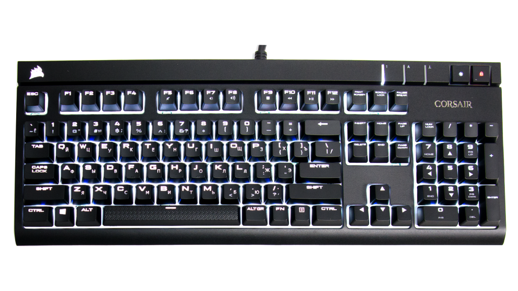 Детальный обзор игровой клавиатуры Corsair STRAFE RGB Cherry MX Silent вид сверху, статичная белая подсветка