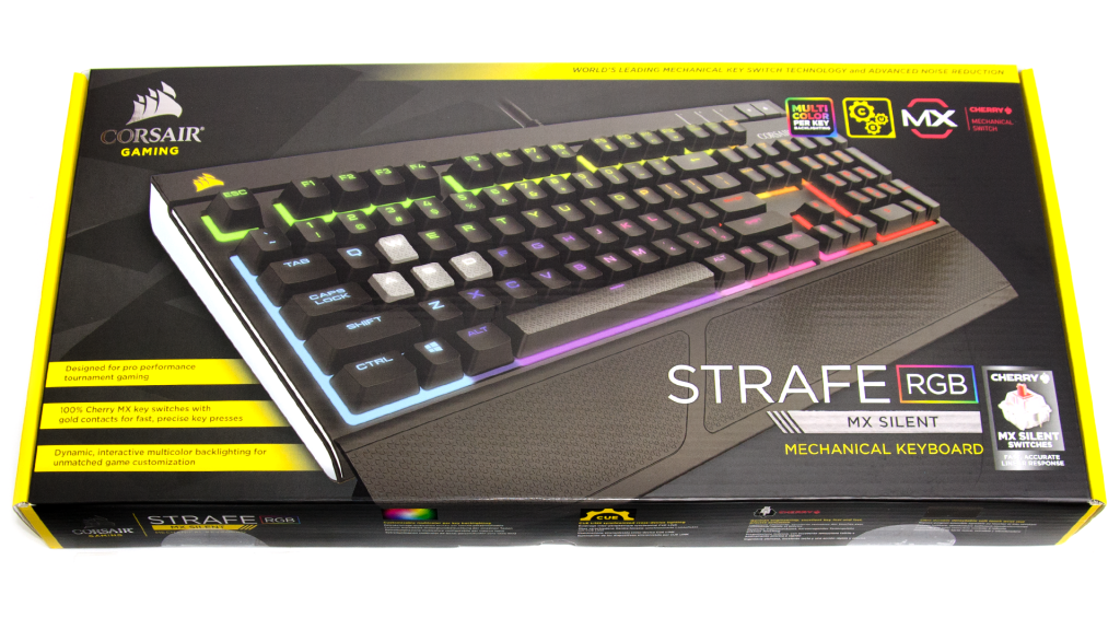 Упаковка и комплектация игровой клавиатуры Corsair STRAFE RGB Cherry MX Silent: коробка